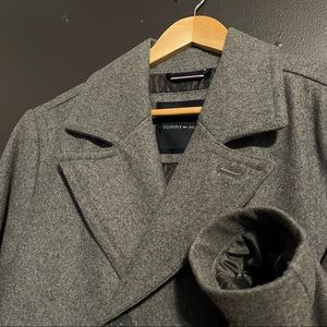 Tommy Hilfiger Double Breasted Peacoat - Wool Blend - Gray, Small, Tailored Slim